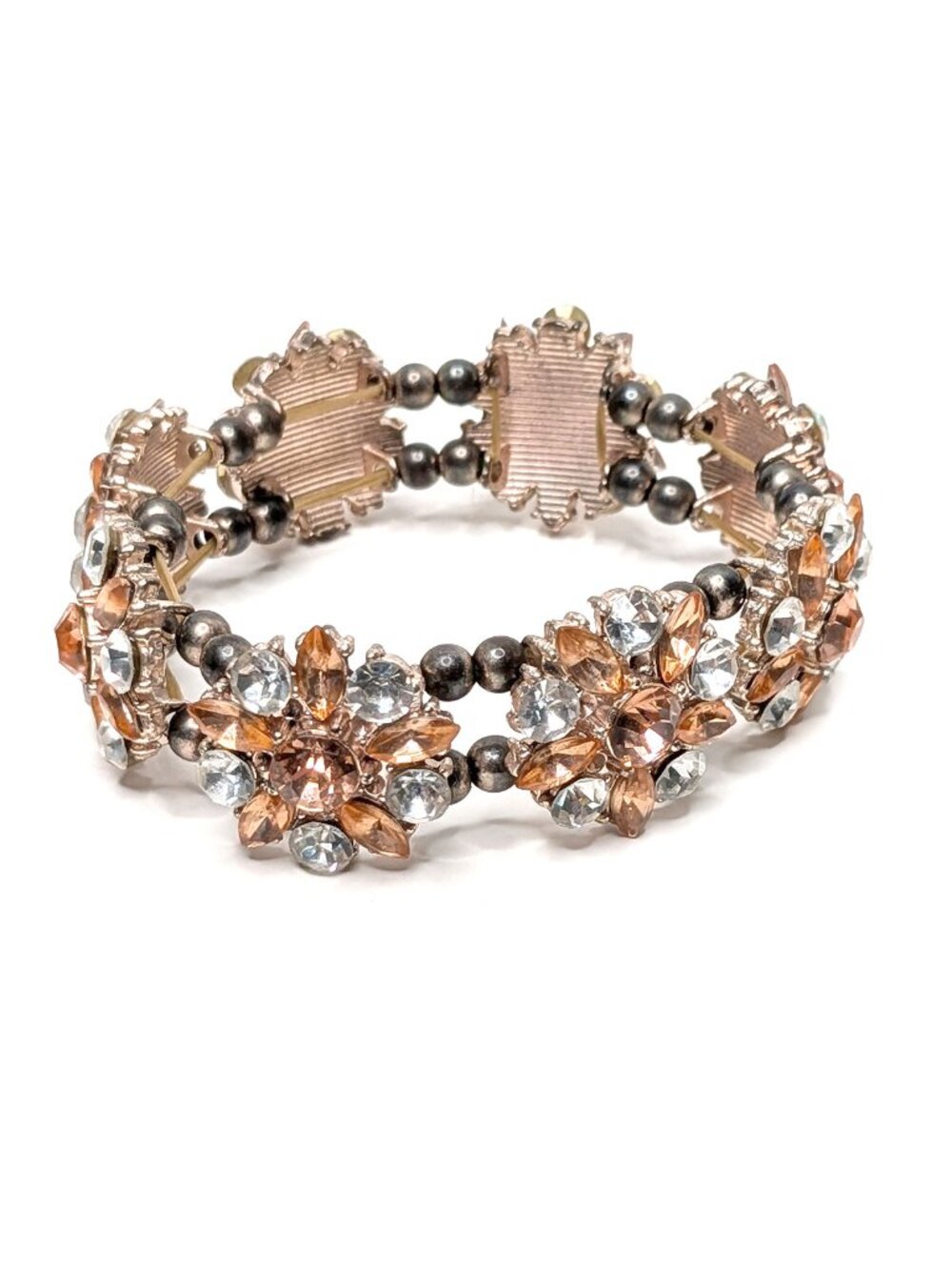 Vintage Crystal Floral Stretch Bracelet Peach Rhinestone Statement Wrist Cuff